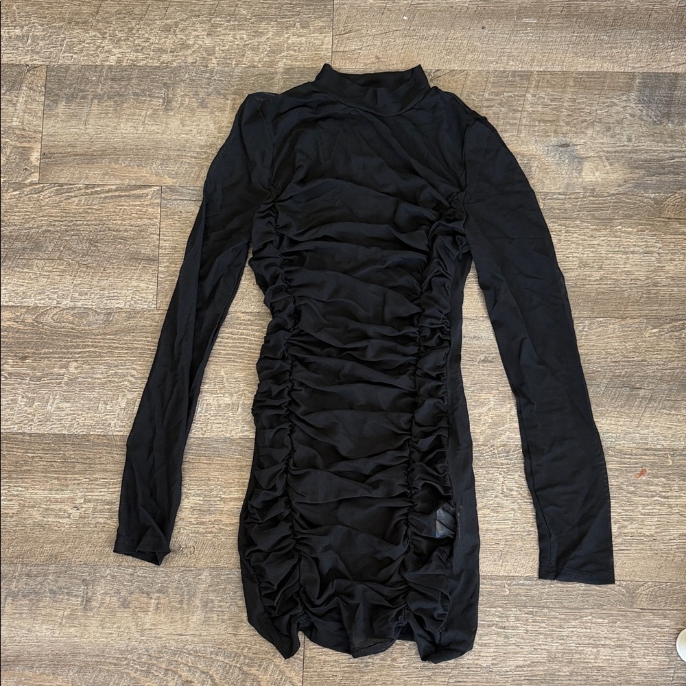 Sheer Black Ruched Long Sleeve Dress